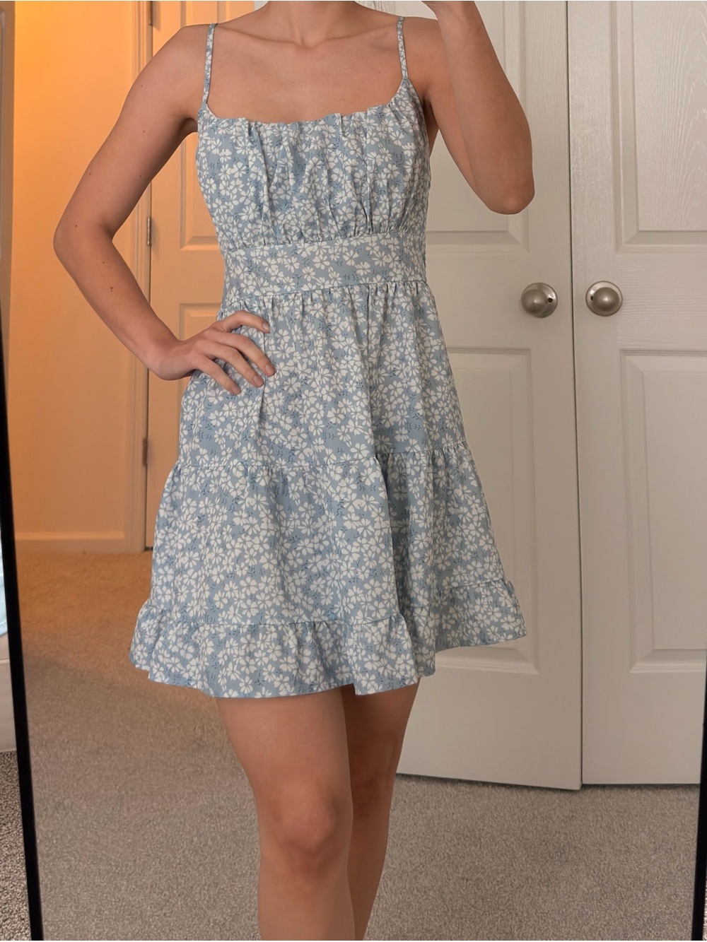 Light Blue Floral Sundress with Ruffle Hem